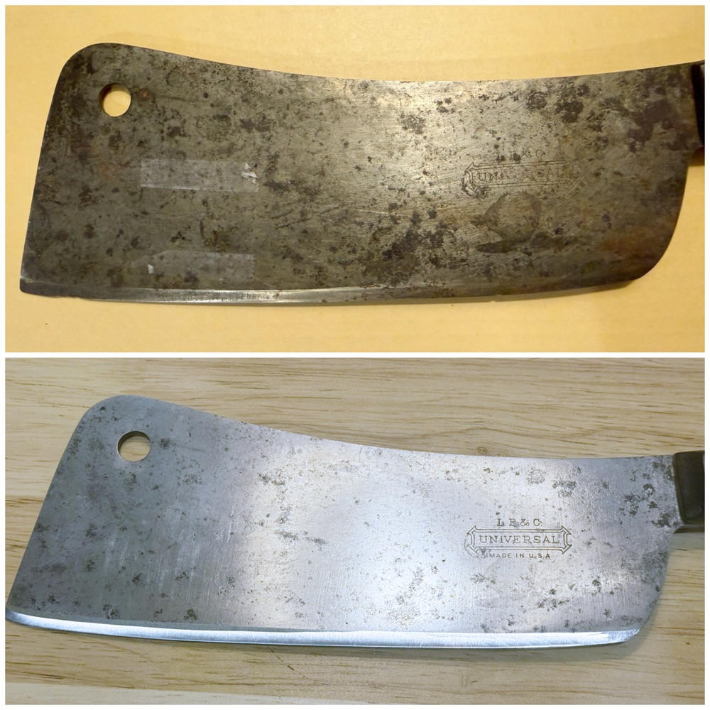 Vintage cleaver blade before and after rust removal and refinishing