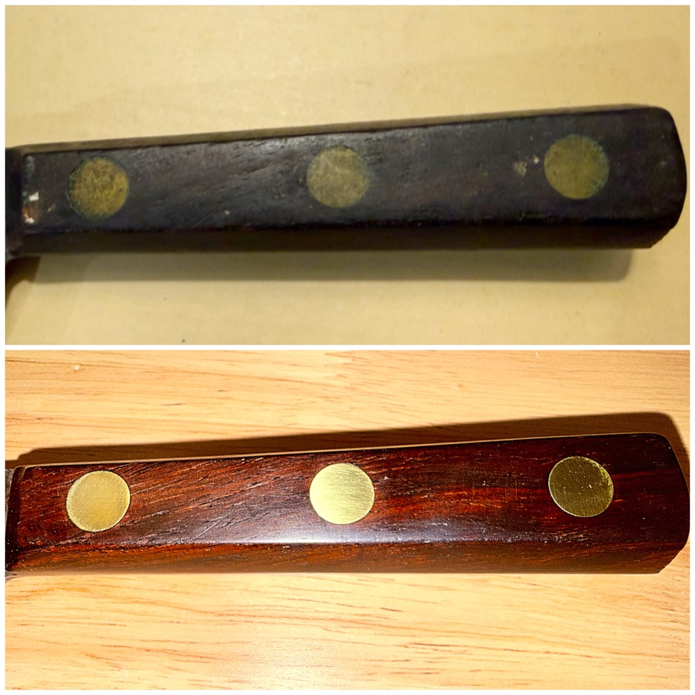 Cleaver wooden handle before and after refinishing